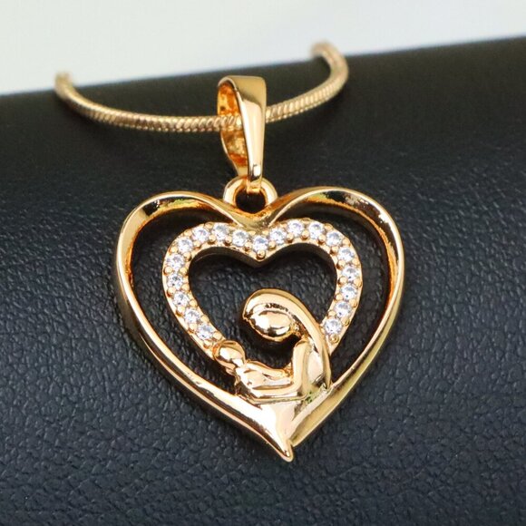 "Rose Gold Mother and Child Heart Pendant with Sparkling CZ Accents, XPPT1377 - Picture 1 of 13